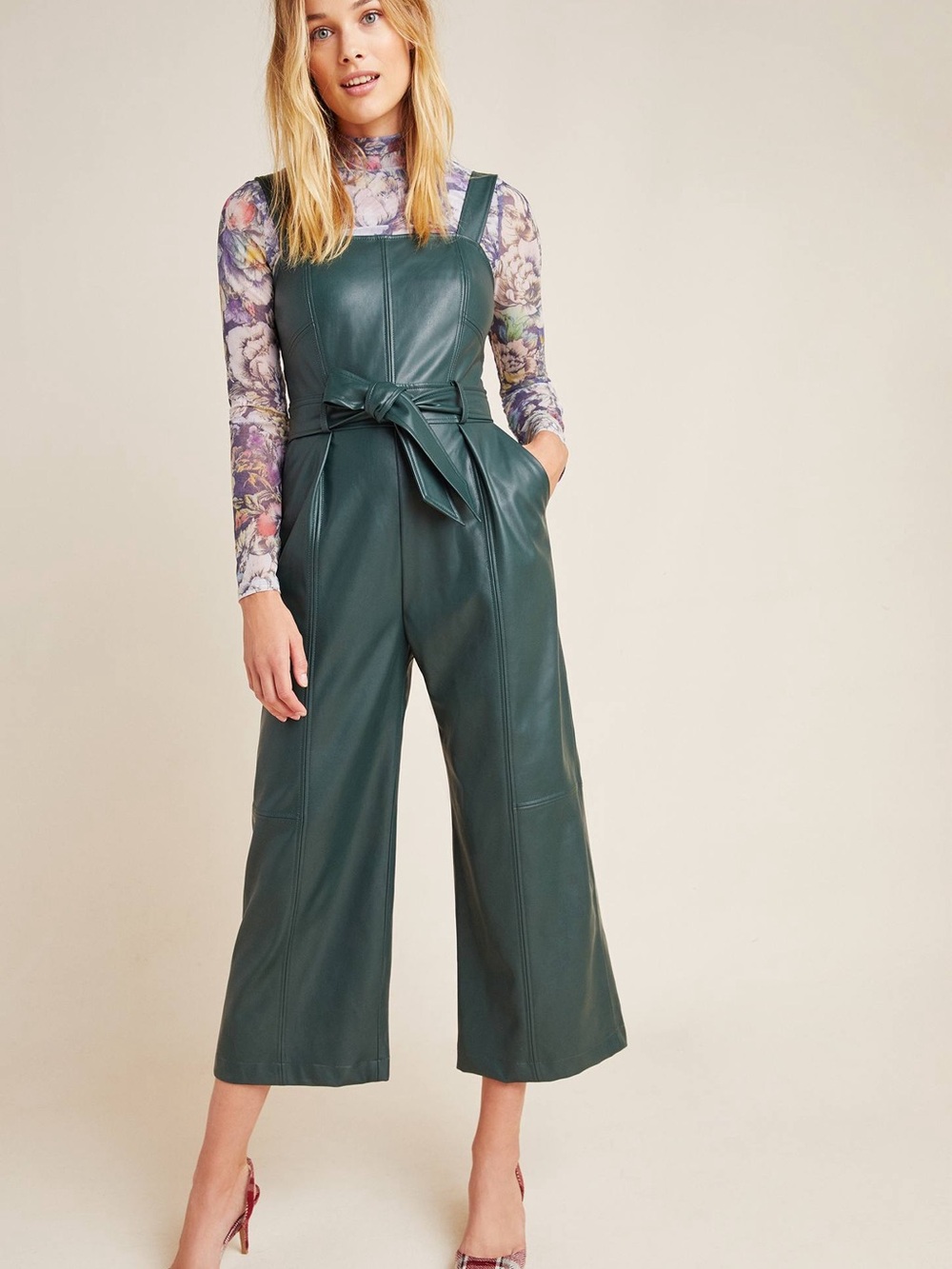 Anthropologie Deep Green Faux-Leather Wide-Leg Jumpsuit with Tie Waist